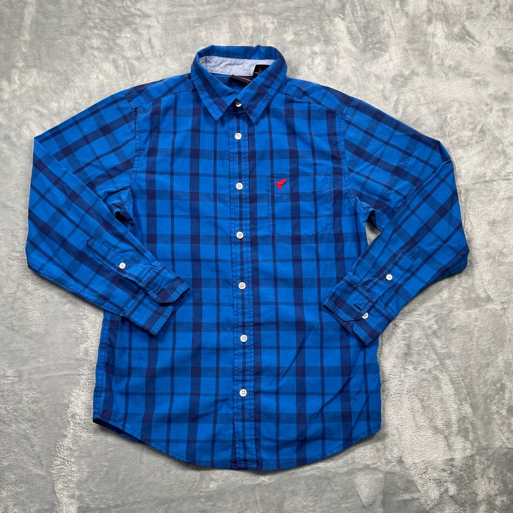 Wrangler‎ Blue Plaid Button Down Shirt Boys Red Embroidered Horse L 10/12